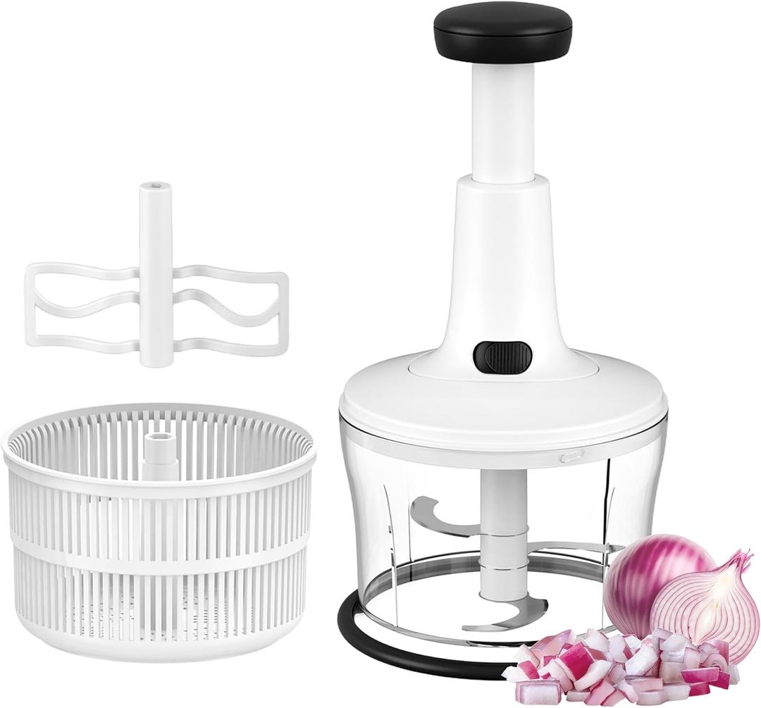 Manual Hand Push Food Chopper, Vegetable Dicer Mincer with Container, Egg Whisk & Salad Spinner for Salsa, Salad, Pesto, Hummus