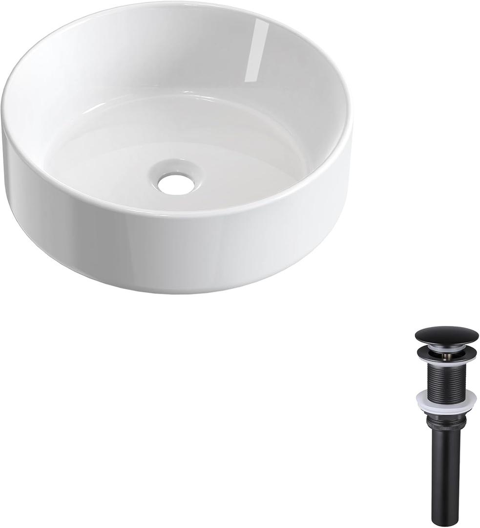 KES Vessel Sink, Bowl Sinks for Bathrooms 16 Inch & Bathroom Sink Drain Without Overflow, BVS121+S2008D-BK