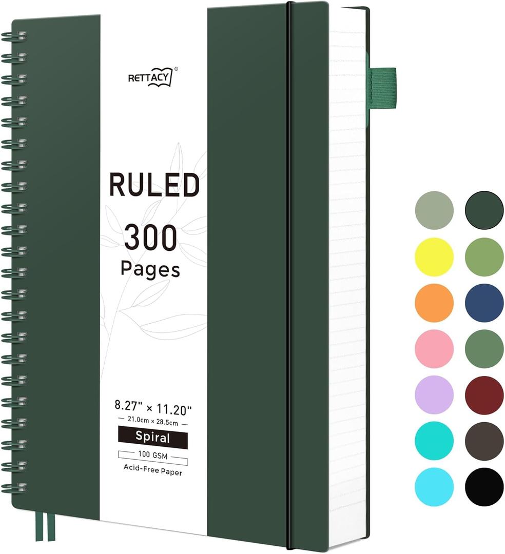 RETTACY Spiral College Ruled Notebook, 300 Pages, A4 Large Size (8.2" x 11.2"), for School, Work, Writing, Journaling, 100 GSM Thick Paper, Flexible Plastic Cover (Deep Green)
