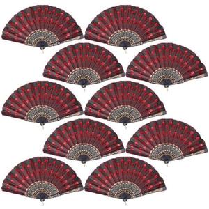 QIRMIZI 5 Pack Fabric Folding Handheld Fans, Perfect for Weddings, Parties, and Dancing,Red