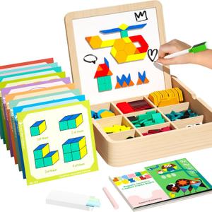 Wooden Magnetic Pattern Block Set with Cards & Pen, 248 Pcs Montessori Creative Magnetic Puzzle Toys for Toddlers 4-8, Learning Educational STEM Tangrams for Kids Boys Girls 4 5 6 7 8