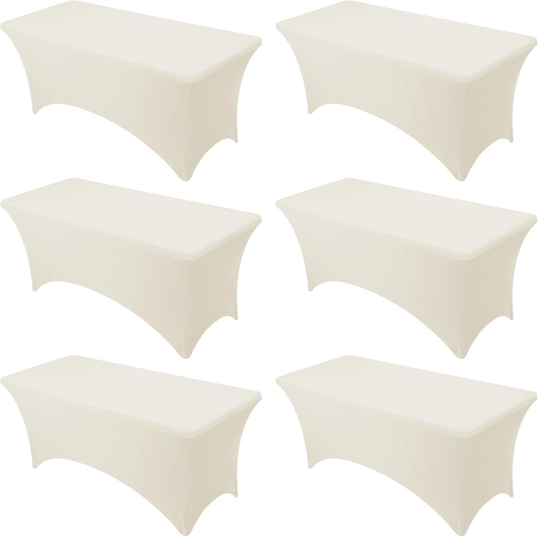 6-Pack Premium Cream Spandex Tablecloths for 6ft Rectangle Tables, Stain & Wrinkle-Resistant, Washable Stretch Polyester Fitted Table Cover for Weddings, Banquets, Trade Shows Events