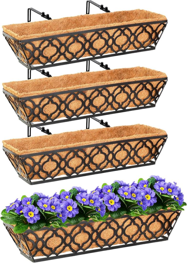 4pcs 24 Inch Window Deck with Coco Liner, 24" Window Boxes Horse Trough with Coconut Coir Liner, Metal Hanging Flower Planter Window Basket Deck Railing Planter Boxes for Outdoor Indoor Lawn