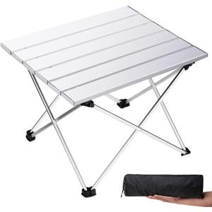 Grope Small Folding Camping Table with Aluminum Table Top, Beach Table for Sand with Carrying Bag,Prefect for Outdoor, Picnic, BBQ, Cooking, Festival (Silver-M)