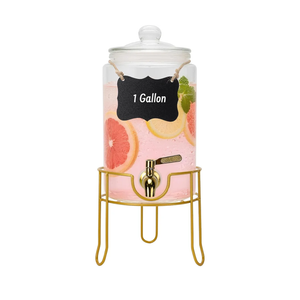 Glass Drink Dispensers For Parties, 1 Gallon Beverage Dispenser With Glass Airtight Lids, Gold Metal Stand And Stainless Steel Spigot. Lemonade & Juice Dispenser With Chalk Board