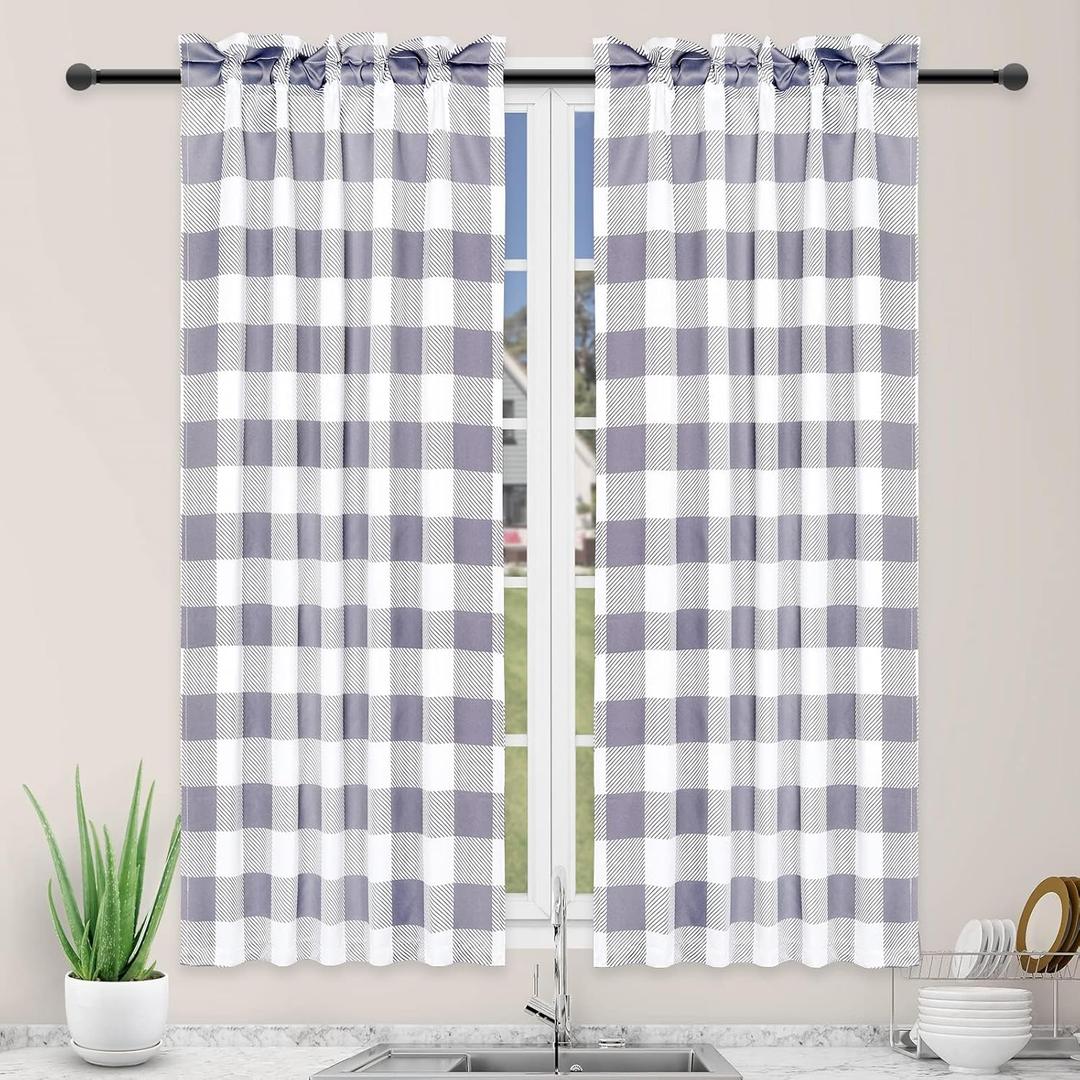 Simple Deluxe Buffalo Check Kitchen Tier Curtains, Plaid Gingham Small Curtain Blackout Valances Window Treatment for Half Cafe Windows, 26" W x 45" L, White and Grey