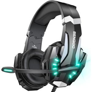 BENGOO G9000 Stereo Gaming Headset for PS4 PC Xbox One PS5 Controller, Noise Cancelling Over Ear Headphones with Mic, LED Light, Bass Surround, Soft Memory Earmuffs for Laptop Mac - Black
