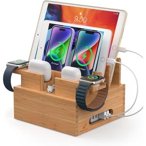 Pezin & Hulin Bamboo Charging Station Organizer for Multiple Devices, Desktop Docking Station Compatible with Phone, Tablet, Earbuds, Smartwatch, (Included 5 Cables, NO Charger HUB)