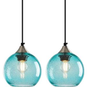 Light Blue Glass Pendant Lights Kitchen Island Globe Pendant Light Fixtures Modern Pendant Lighting for Bedroom Living Dining Room Light Fixture (5.9 in, 2 Pack)