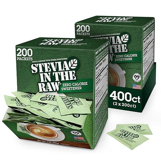 In The Raw Stevia Sweetener Packets, 200 Ct Box, 2 Pack, Zero Calorie Stevia Sugar Substitute Packets, No Erythritol or Artificial Flavors, Vegan, Gluten Free, Kosher, Low Glycemic Index (BBD: 06/19/2028)