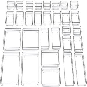 SMARTAKE 30-Piece Drawer Organizer with Non-Slip Silicone Pads, 7-Size Desk Drawer Organizer Trays Storage Tray for Makeup, Jewelries, Utensils in Bedroom Dresser, Office and Kitchen (Clear)