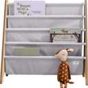 3 Sprouts Recycled Fabric Kids Bookshelf  4-Tier Sling Book Rack Organizer - Nursery Room Playroom Classroom Wooden Book Shelves - Kid Bookcase Wood Storage Shelf for Toddler Age 3+ - Gray (Solid Light Gray)