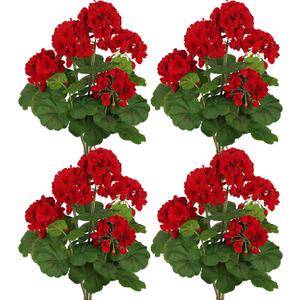 FOREST PRINCE 4 PCS 18" Artificial Geraniums for Outdoors, UV Resistant Red Silk Flowers for Window Box Porch Patio Garden Decor, Waterproof Ruby Red