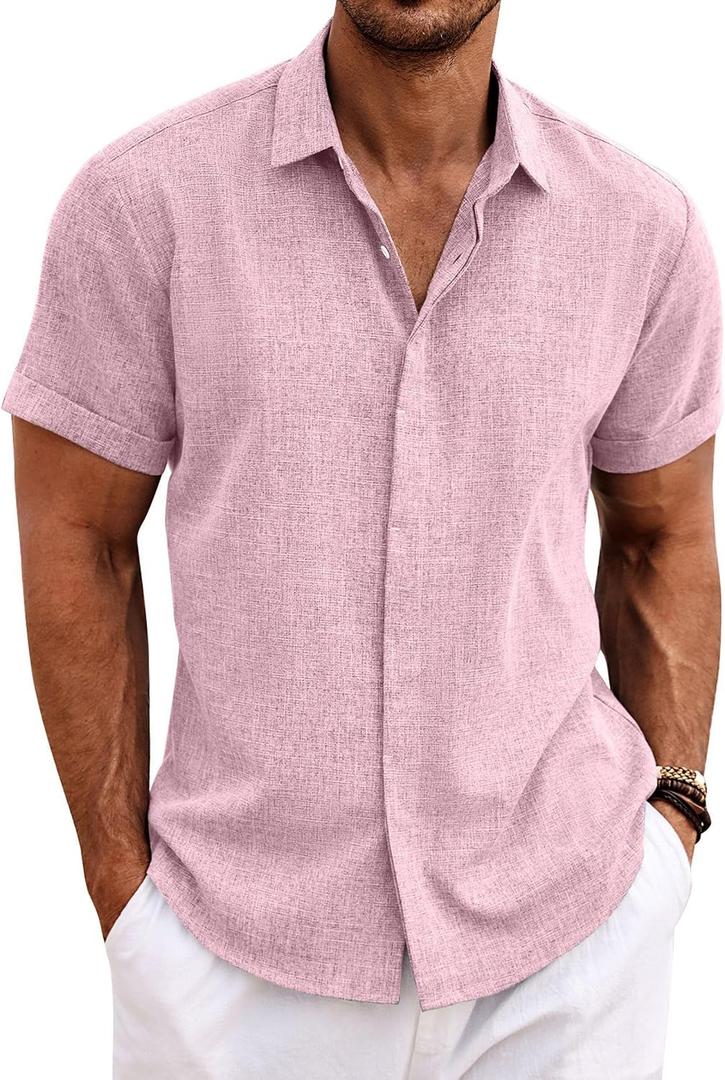 COOFANDY Men's Linen Shirts Short Sleeve Casual Shirts Button Down Shirt for Men Beach Summer Wedding Shirt (Pink, S)