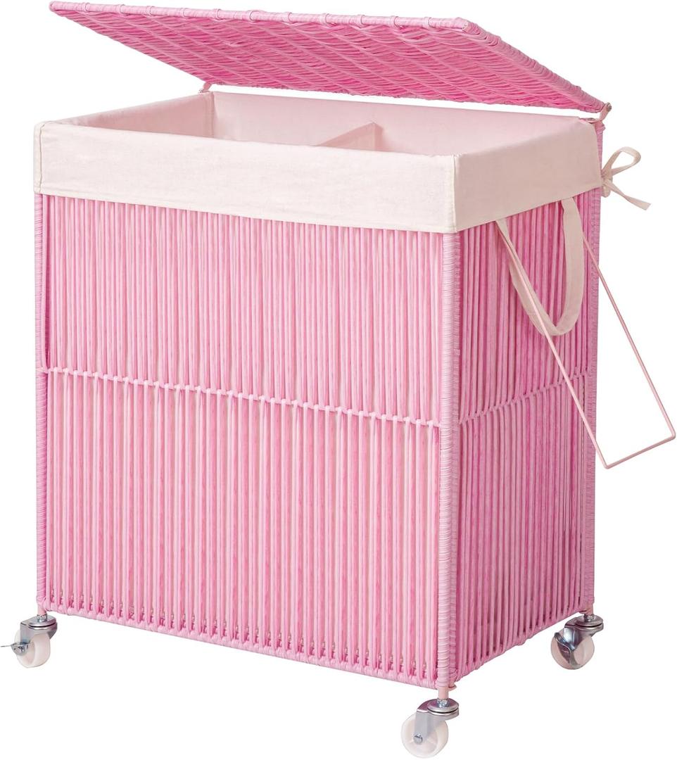 WOWLIVE Laundry Hamper with Wheels, Handwoven Rolling Laundry Basket with Lid, Clothes Hamper with Divided Removable Liner Bag, 115L Large Capacity Laundry Sorter Laundry Room Organization, Pink (115L(22 x 13 x 26.4 Inches))