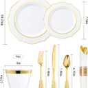 realluck 350 Piece White Gold Plastic Dinnerware Set for 50 Guests Elegant Baroque Disposable Dinnerware for Weddings, Parties, 100 Plastic Plates, 50 Pre Rolled Napkins with Silverware, 50 Cups