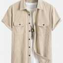 VIPWOLF Men's Corduroy Shirts Button Down Short Sleeve Dual Pockets Work Travel Shirt Top (S)