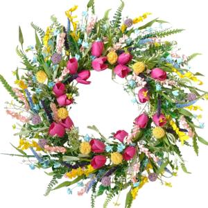 Spring Tulip Wreath for Front Door, 22 Inch Tulip Lavender Floral Wreath, Artificial Spring Summer Wreath for Indoor Outdoor Door Wall Window Decor, Seasonal Home Decor