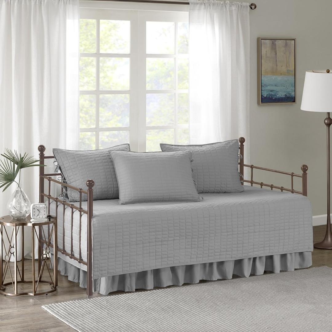 Comfort Spaces Daybed Cover - Luxe Double Sided-Quilting, All Season Cozy Bedding with Bedskirt, Matching Shams, Kienna Grey 75"x39" 5 Piece,100% Microfiber (Gray)