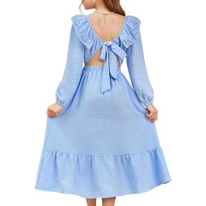 blibean Tween Girls Tie Back Dresses Embroidery Sleeve Size 6-15 Years (Blue, XL)