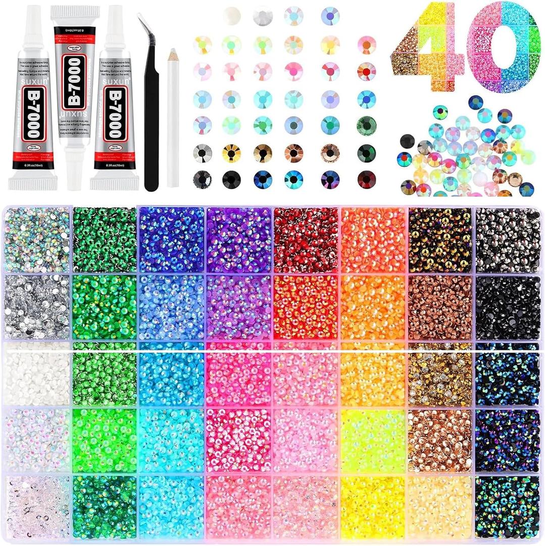 40 Colors Resin Jelly Rhinestones for Bedazzling, 3mm 32000 Pcs Flatback Gems for Crafting,Rhinestone Kit with B7000 Glue for Nail Rhinestones, Shoes, Crafts, Diamond Art & DIY Bedazzler Projects