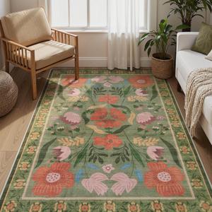 Floral Washable Rugs 5x7, Non-Slip Soft Green 5x7 Area Rugs for Bedroom, Vintage Farmhouse Botanical Low-Pile Carpet Rugs for Living Room Nursery Kids Room (5x7ft,Green)