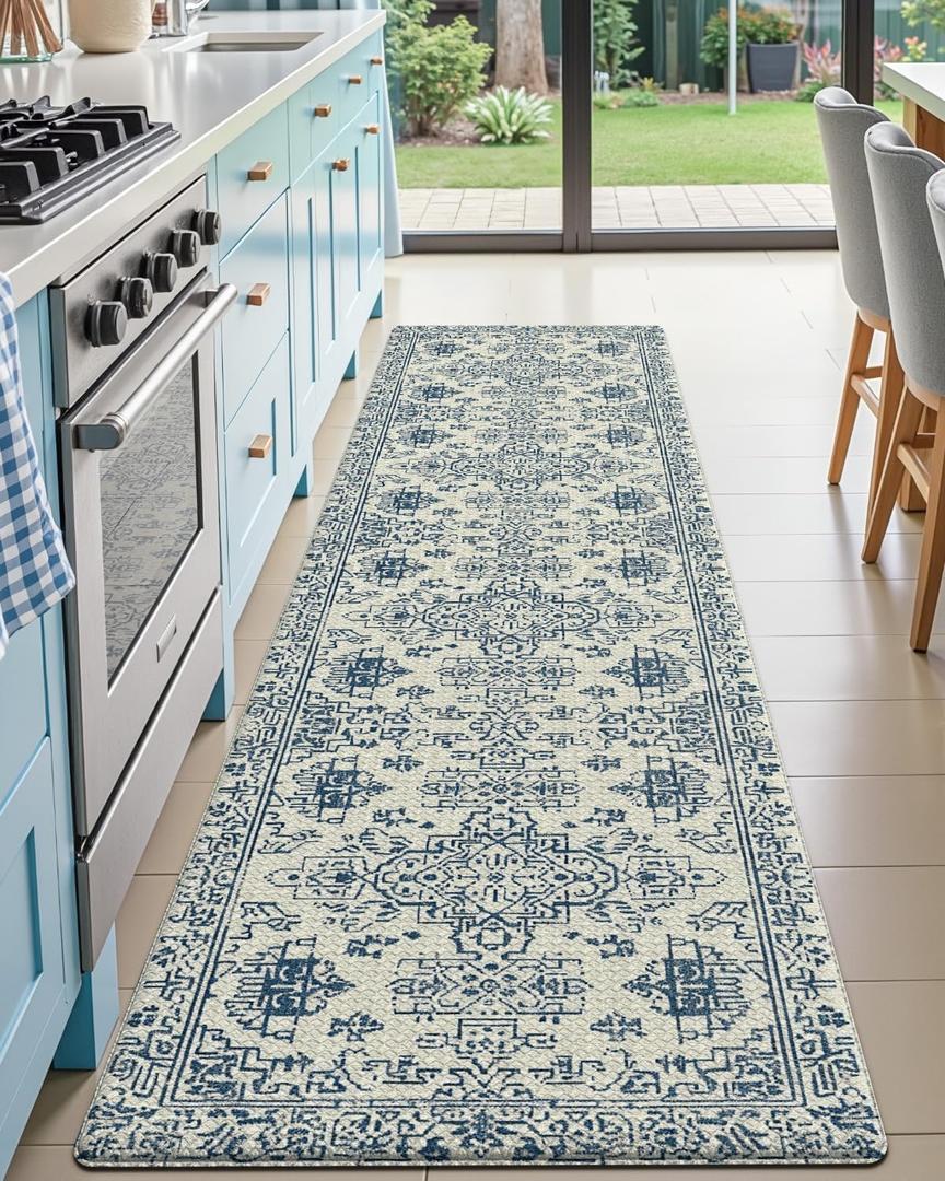 DEXI Kitchen Mats Cushioned Anti Fatigue, 23x86 Floor Padded Runner Rug Non Slip, Waterproof Standing Comfort Memory Foam for Front Sink Laundry, Blue White