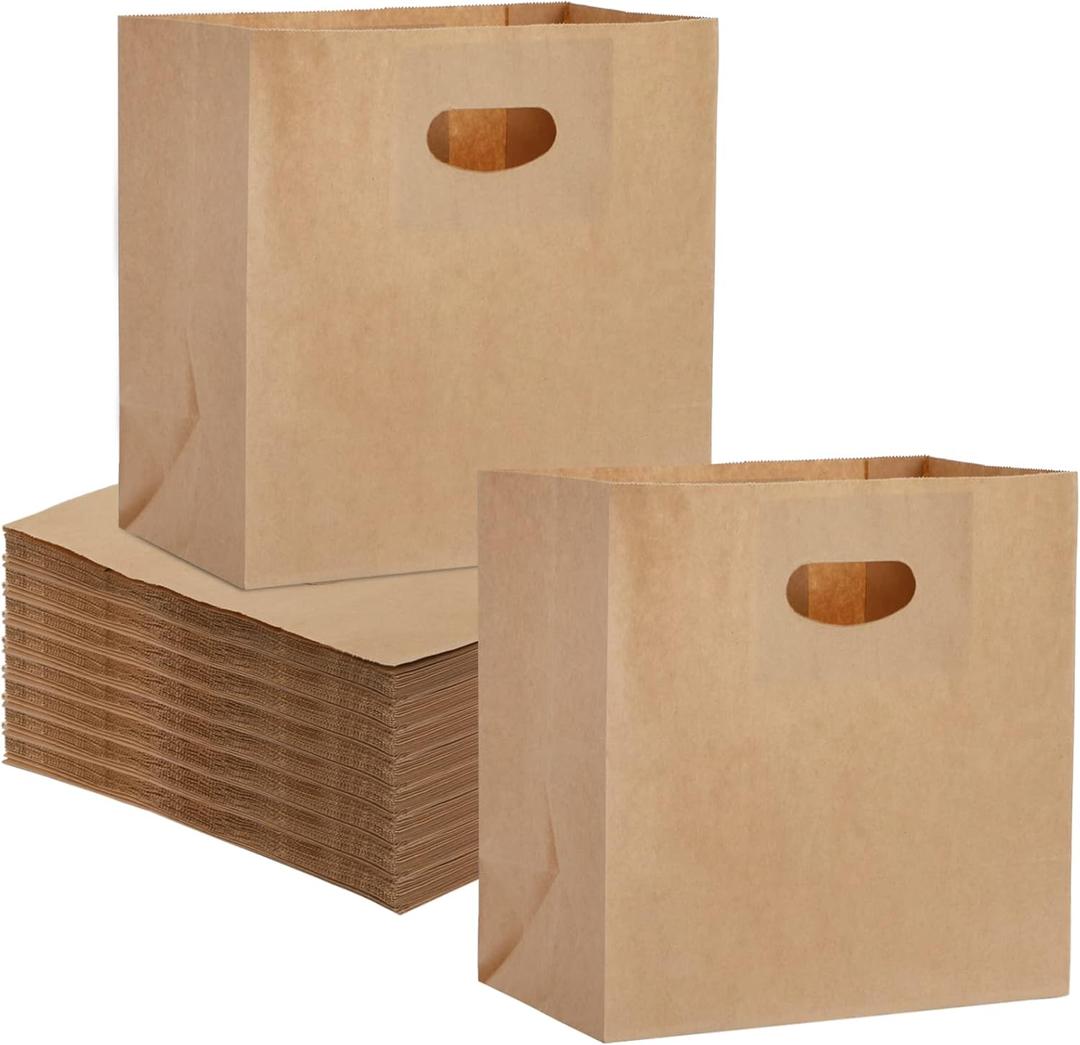 Foraineam 100 Pack Kraft Paper Bags, 11x6x11 Inch Natural Brown Paper Party Favor Goody Snack Gift Bag with Die Cut Handle, Bakery, Retail