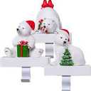 UNIQOOO Handmade White Polar Bear Christmas Stocking Holders, Large 3Pcs Mantel Hook Set with Base Pads, Holds 2 Lb, Cubs with Xmas Tree, Candy Cane, Birds Fireplace Stocking Hanger Décor for Garlands