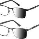 PUBOWT Reading Glasses for Men Women Photochromic Lens Blue Light Blocking Computer Readers Wide Style Metal Frame Eyeglasses 2Pack Black Gun PT2407 +1.50 Strength