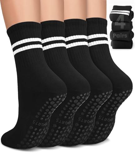 Pilates Socks with Grips for Women, Non-Slip Yoga Athletic Socks for Barre Barefoot Workout Hospital (US, Alpha, Small, Medium, Regular, Regular, 4 Black- 4 Pairs)