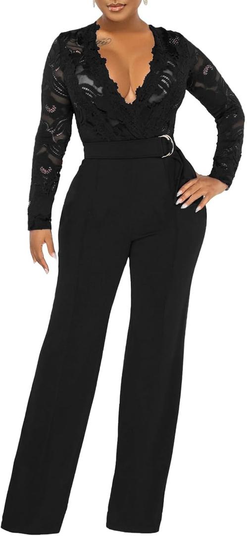 Formal Black Jumpsuits for Women Lace Elegant Dressy Pantsuits Classy Jumpsuits Wide Leg Rompers Plus Size Outfits With Belt, L Formal Black Jumpsuits for Women Lace Elegant Dressy Pantsuits Classy Jumpsuits Wide Leg Rompers Plus Size Outfits With Belt, L
