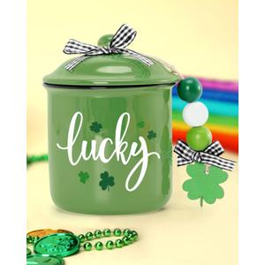 Nefelibata Irish/St. Patrick's Day Green Ceramic Canister Jar - St. Patrick's Day Decor - Lucky Shamrock Canister - Buffalo Plaid Bowknot - Candy Holder - Table Centerpiece - 4.9" H x 3.7" W