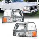 Headlights for 92-96 Ford F150 F250 F350 Bronco 1992 1993 1994 1995 1996 Replacements Assembly Chrome Housing Amber Reflector