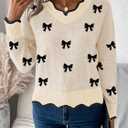 Womens V Neck Pullover Sweaters Long Sleeve Scallop Trim Knit Tops Loosed Fit 2026 Fall Outfits