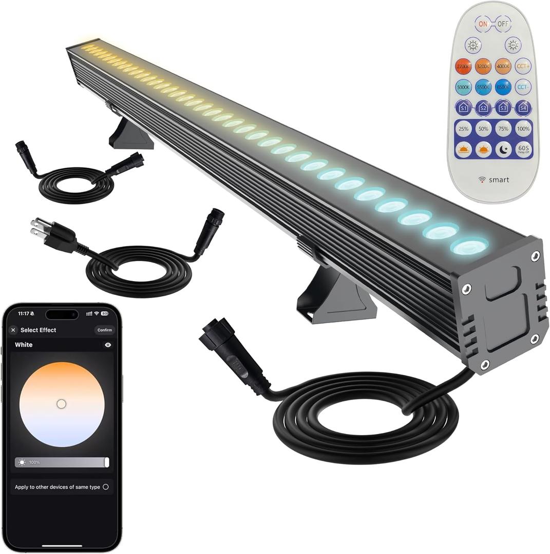 Linkable LED Wall Washer Light Dimmable 1-100% Via APP Control, 72W 2700-6500k 6CCT Linear Flood Light Bar with RF Remote, 120V Waterproof Landscaping Spotlights Outdoor