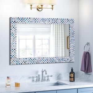 Coastal Wall Mirrors Decorative, 36'' x 24'' Bathroom Mirror with Mosaic Frame, Elegant Blue Mother of Pearl Mirror for Living Room, Dining Room, Fireplace