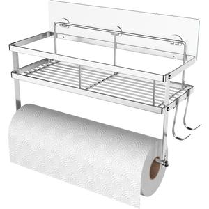 ESOW Paper Towel Holder with Shelf Storage, Adhesive Wall Mount 2-in-1 Basket Organizer for Kitchen & Bathroom, Durable Metal Wire Design, Stainless Steel 304 Brushed Nickel Finish