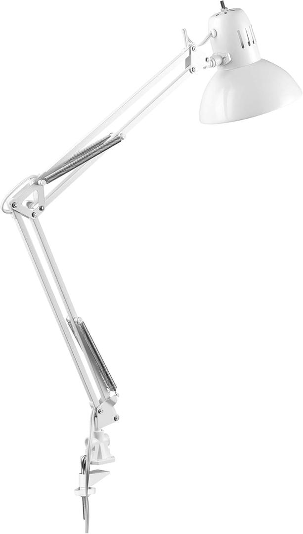 Globe Electric 52847 31.5 Inch Swing Arm Clamp-On White Desk Lamp with Nickel Accents, On/Off Rotary Switch, Book Reading Light, Home Essentials, Office Dcor, LED Bulb Compatible