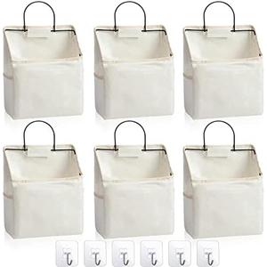 Chumia 6 Pack Wall Hanging Storage Basket Bathroom Closet Hanging Storage Bag Over The Door Organizer Basket Bedroom Wall Organizer Waterproof Linen Cotton Box Containers and 10 Hooks(White)