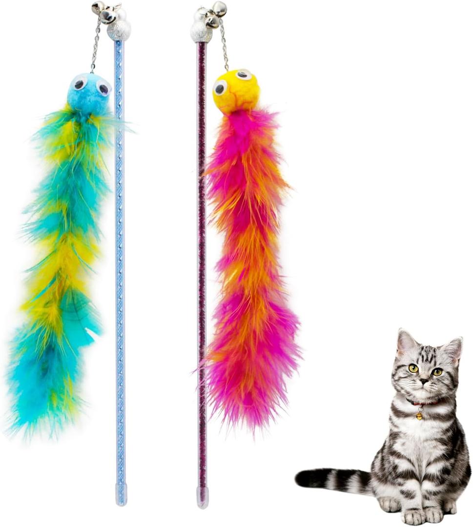 Andiker Cat Feather Toys, 2PCS Cat Wand Toys with Bell&Plush Balls, 12in Colourful Interactive Kitten Teaser Toy, Funny Interactive Cat Toys for Cat Indoor Playing Training Chasing (Red + Green)