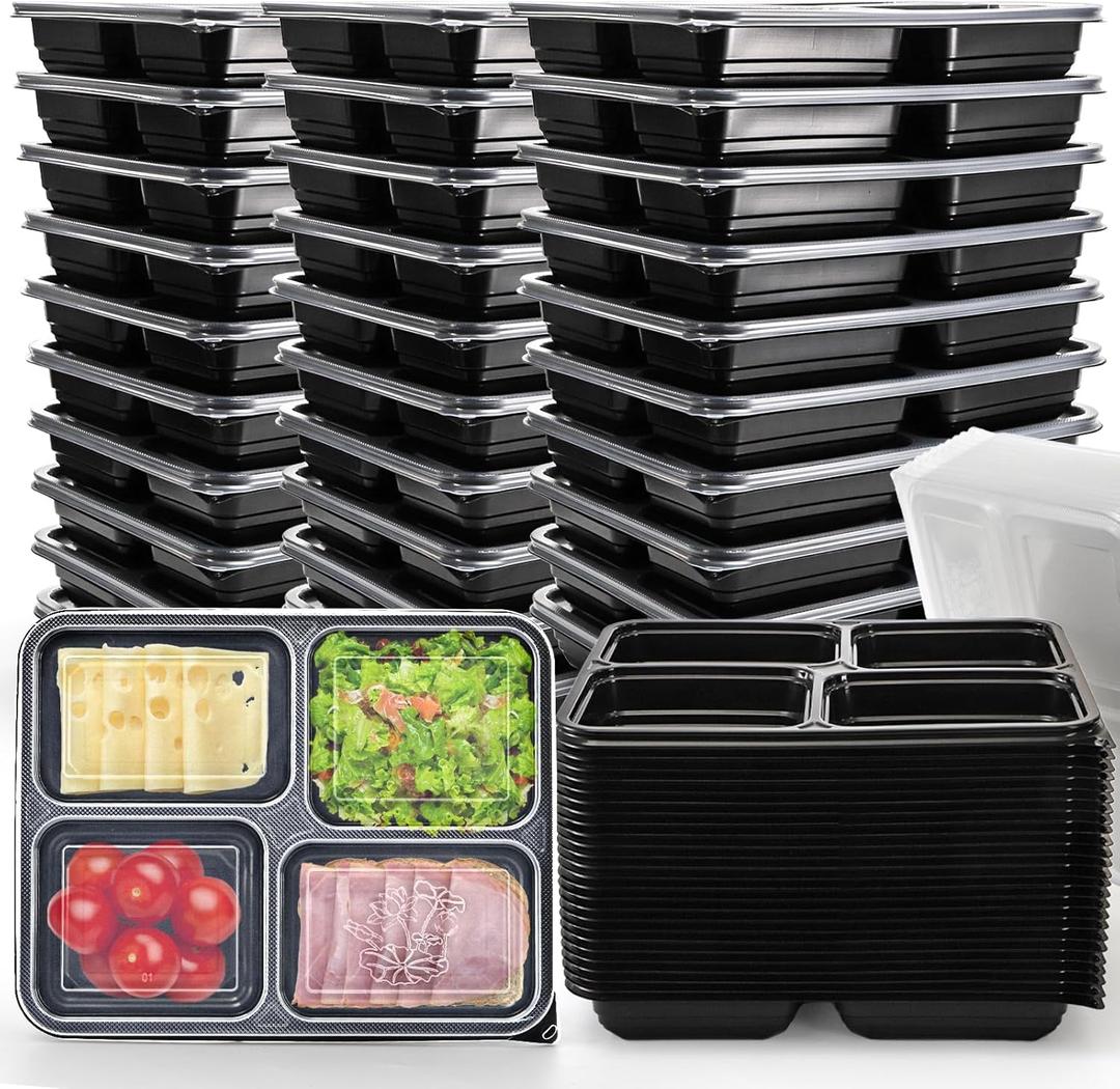 Noamus 50 Pack Meal Prep Containers, 34oz Leak-Proof Food Storage Box with Lid, Microwavable BPA Free Bento Lunch Plate, Stackable&Disposable Plastic To Go Takeout Pan for Freezer Safe, 4 Compartment