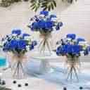 Zeyune 6 Sets Mason Jar Centerpiece Table Decorations, Artificial Peony Baby's Breath Flower Bouquets, Faux Flowers with Vase, Rustic Decor Gifts for Home, Wedding, Holiday (Royal Blue)