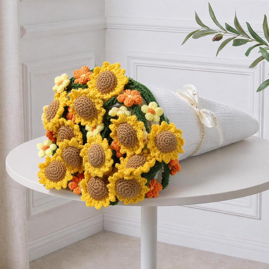 Knitted Flower Throw Floral Bouquet Blanket, 43inch Handmade Crochet Blanket with Sunflowers, Cute Romantic Gift for Her Girlfriend Mom Mothers Day Valentine Wedding Anniversary Birthday, Yellow