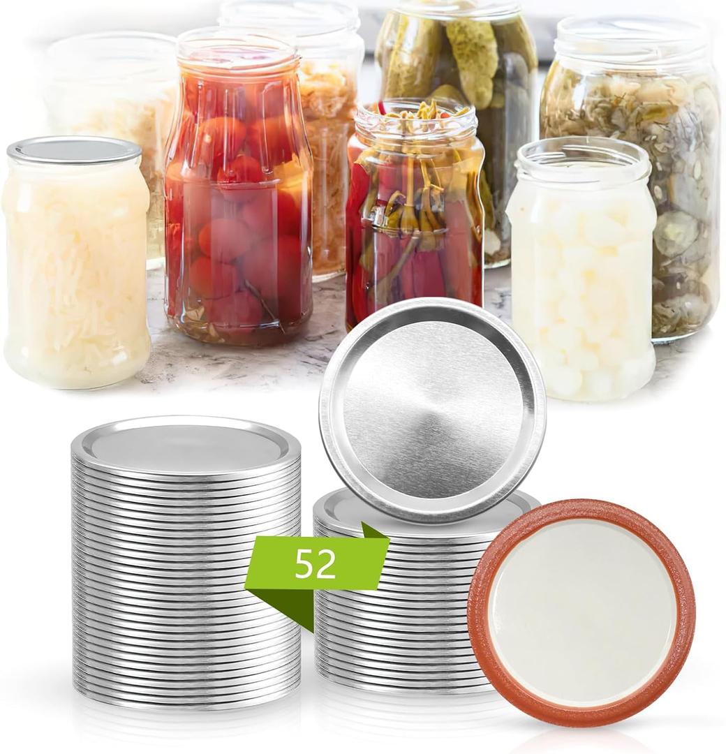 52Pcs Regular Mouth Canining Lid (70 MM/2.76 In), Split-Type Metal Canning Jar Lids for Ball Kerr Jar, Food Grade Material, 100% Fit & Airtight for Regular Mouth Mason Jar Lids