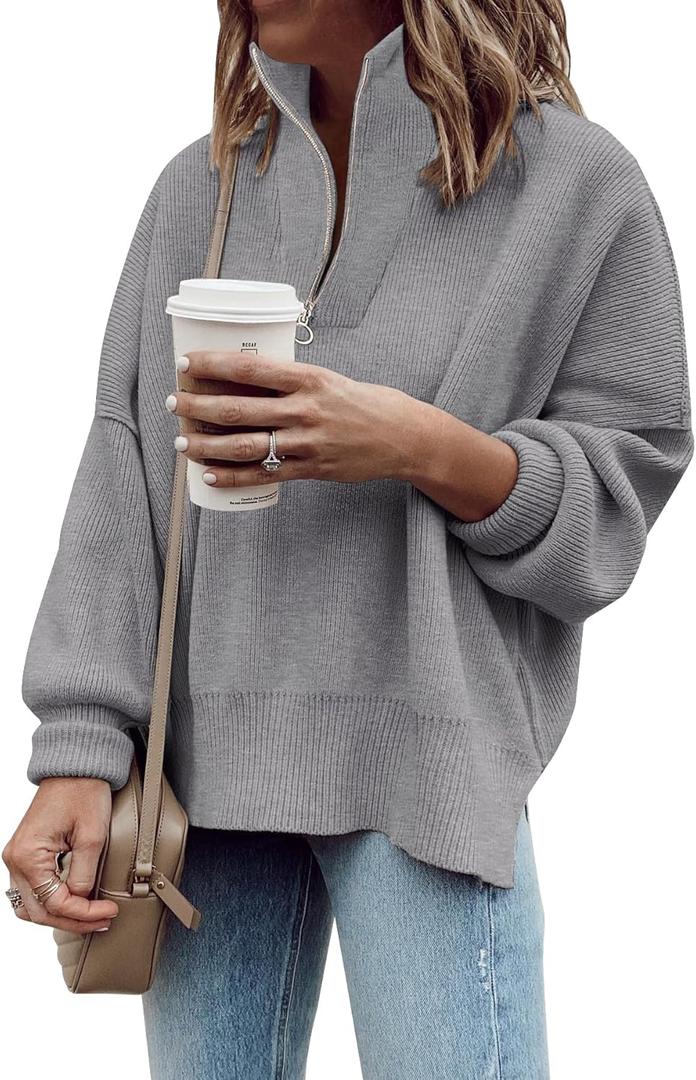 Imily Bela Womens Tunic Sweater Fall Long Sleeve 1/4 Zip Pullover Sweaters Oversized Slouchy Ribbed Knit Sweatshirt with Slit (XX-Large, Gray)