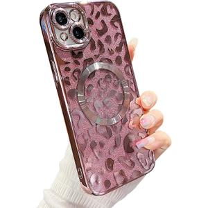 ZONRW for iPhone 14 Case Magnetic,Soft Cute Luxury Leopard Cheetah Pattern Plating Glitter Bling Phone Case Compatible with MagSafe Clear Shockproof Back Cover for Women Girl 6.1"-Pink