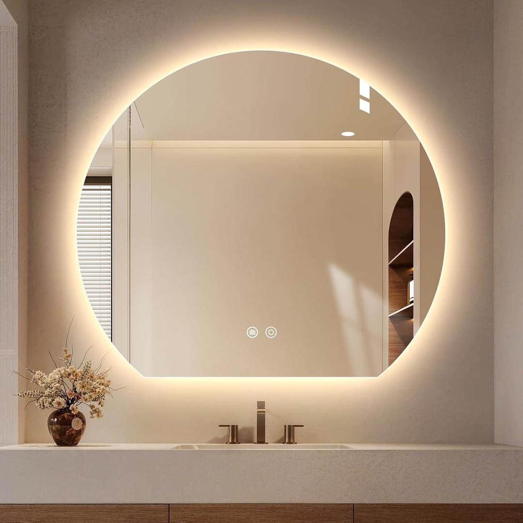 Niccy Half Moon Round LED Bathroom Mirror for Wall, 24" Irregular LED Mirror with Anti-Fog, 3-Color Adjustal, Dimmable, Semi Circle Frameless Makeup Mirror for Bathroom, Explosion-Proof