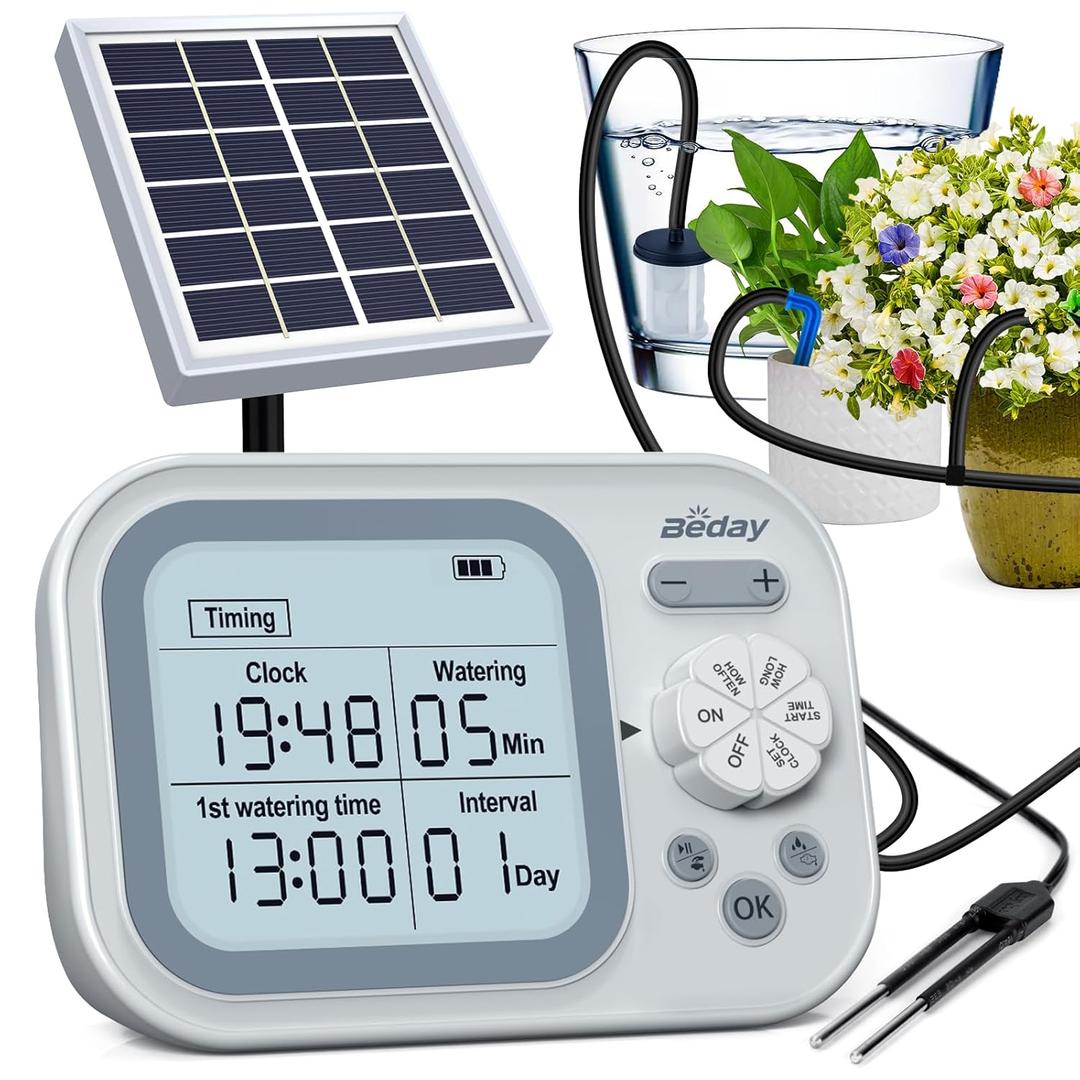 Solar Drip Irrigation System, 50FT Automatic Plant Watering Kit for 15 Potted Plants, IP67 Waterproof Solar Irrigation Indoor and Outdoor Use with Multi-Timer Modes for Garden, Balcony,Patio