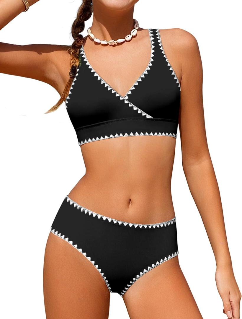 KANGKANG Girls Swimsuit Bikini Set Solid Color V-Neck Two Piece Bathing Suit with Chest Pad Adjustable Straps Swimwear 7-16T (11-12 Years, Black)